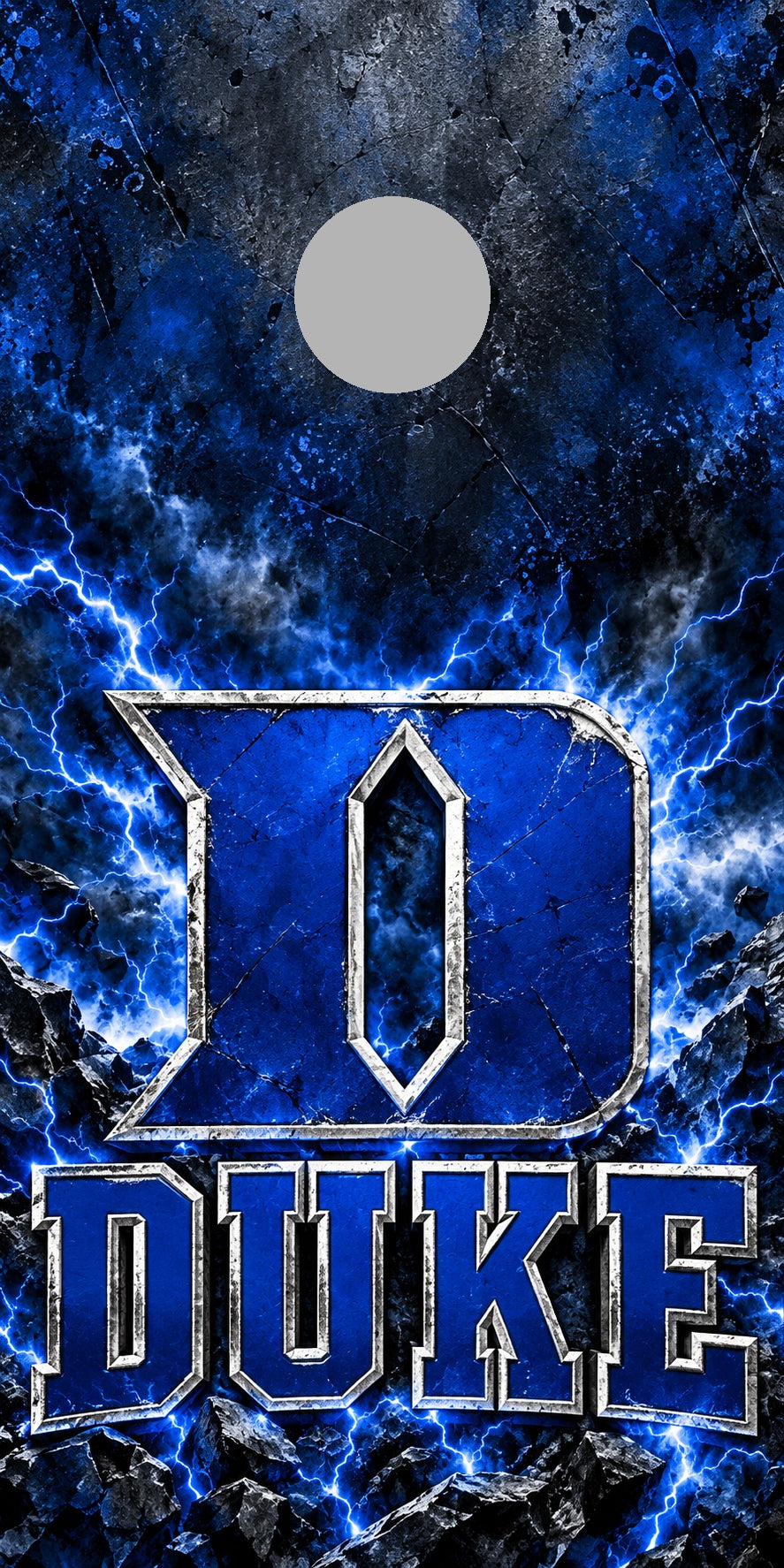 Duke Blue Devil Storm cornhole wrap with plain gray hole placement preview