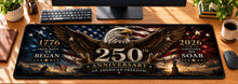 Eagle of Independence Desk Mat in use on a warm wood office desk — overhead workspace view