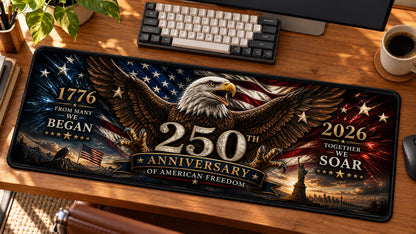 Eagle of Independence Desk Mat in use on a warm wood office desk — angled workspace view