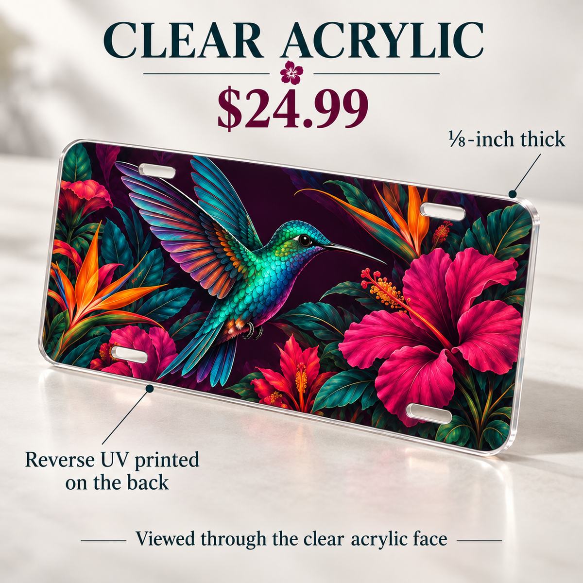 Electric Hummingbird tropical bird license plate — one-eighth-inch acrylic, $24.99