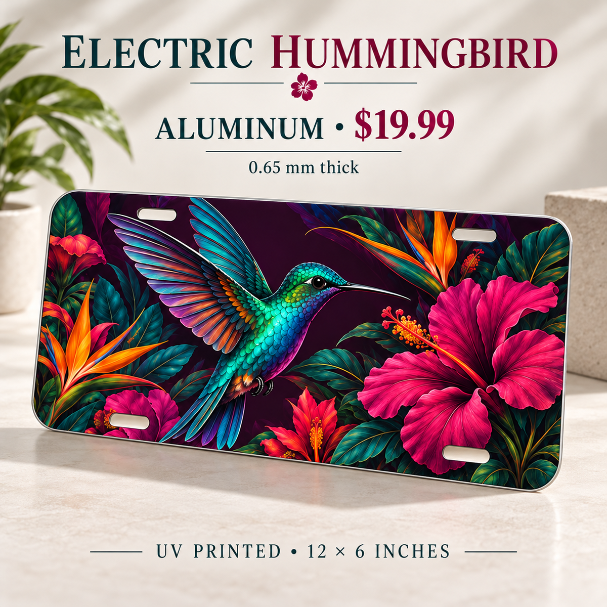 Electric Hummingbird tropical bird license plate — 0.65 mm aluminum, $19.99