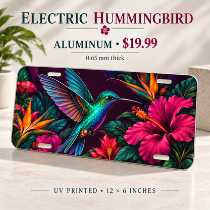Electric Hummingbird tropical bird license plate — 0.65 mm aluminum, $19.99