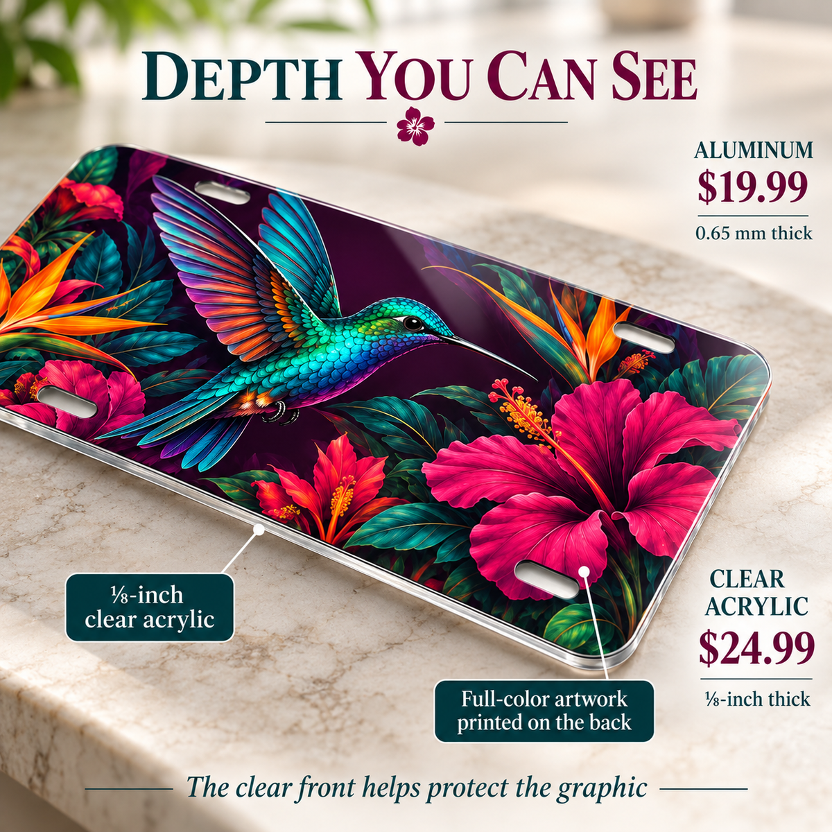 Electric Hummingbird tropical bird license plate — one-eighth-inch acrylic edge and reverse UV printing detail