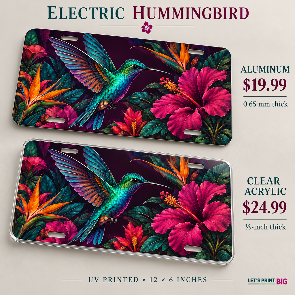 Electric Hummingbird tropical bird license plate: 0.65 mm aluminum $19.99 and one-eighth-inch acrylic $24.99