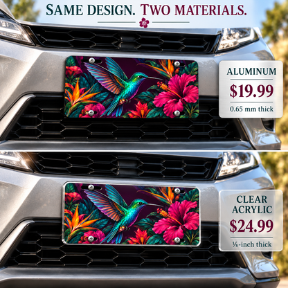 Electric Hummingbird tropical bird license plate — vehicle-mounted aluminum and acrylic comparison