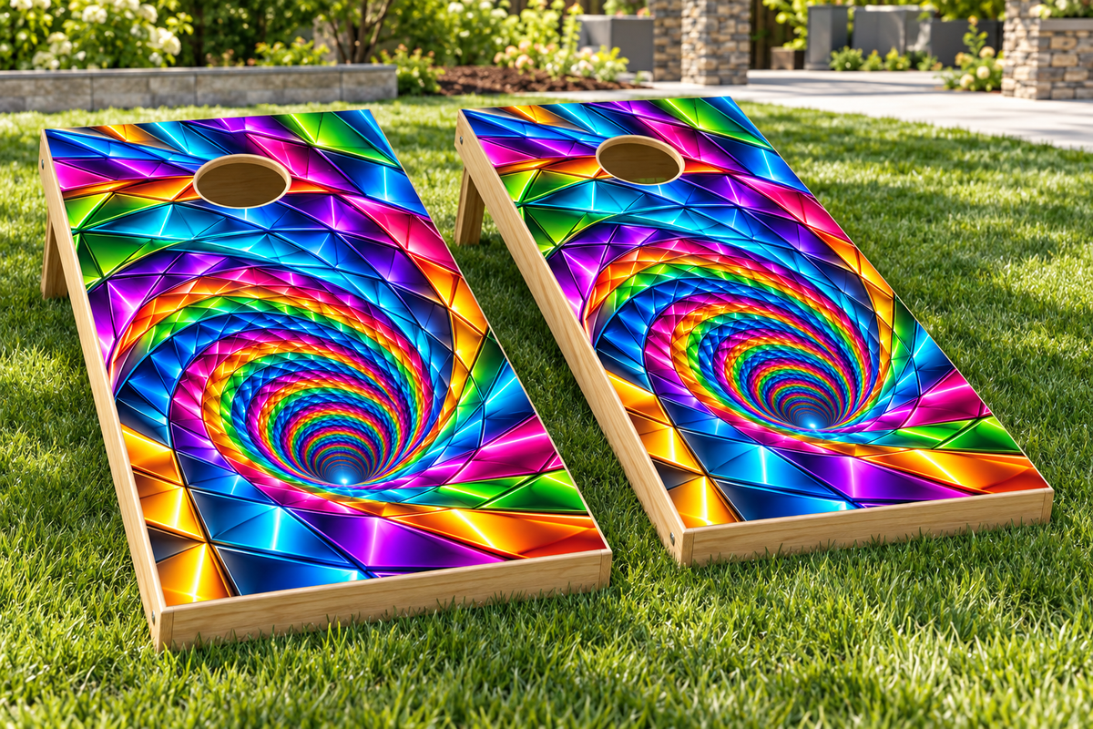 Electric Rainbow Tunnel cornhole wrap installed board mockup; boards not included