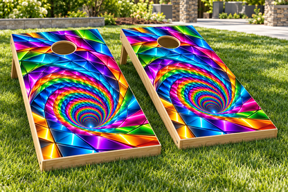 Electric Rainbow Tunnel cornhole wrap installed board mockup; boards not included