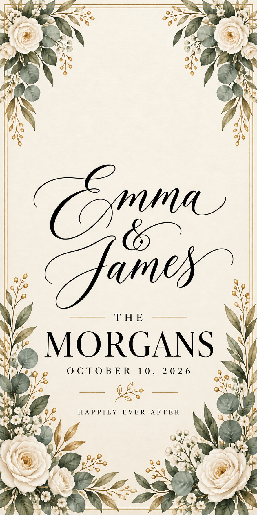 Elegant ivory and sage wedding wrap artwork reading Emma and James, THE MORGANS, October 10, 2026; no printed hole