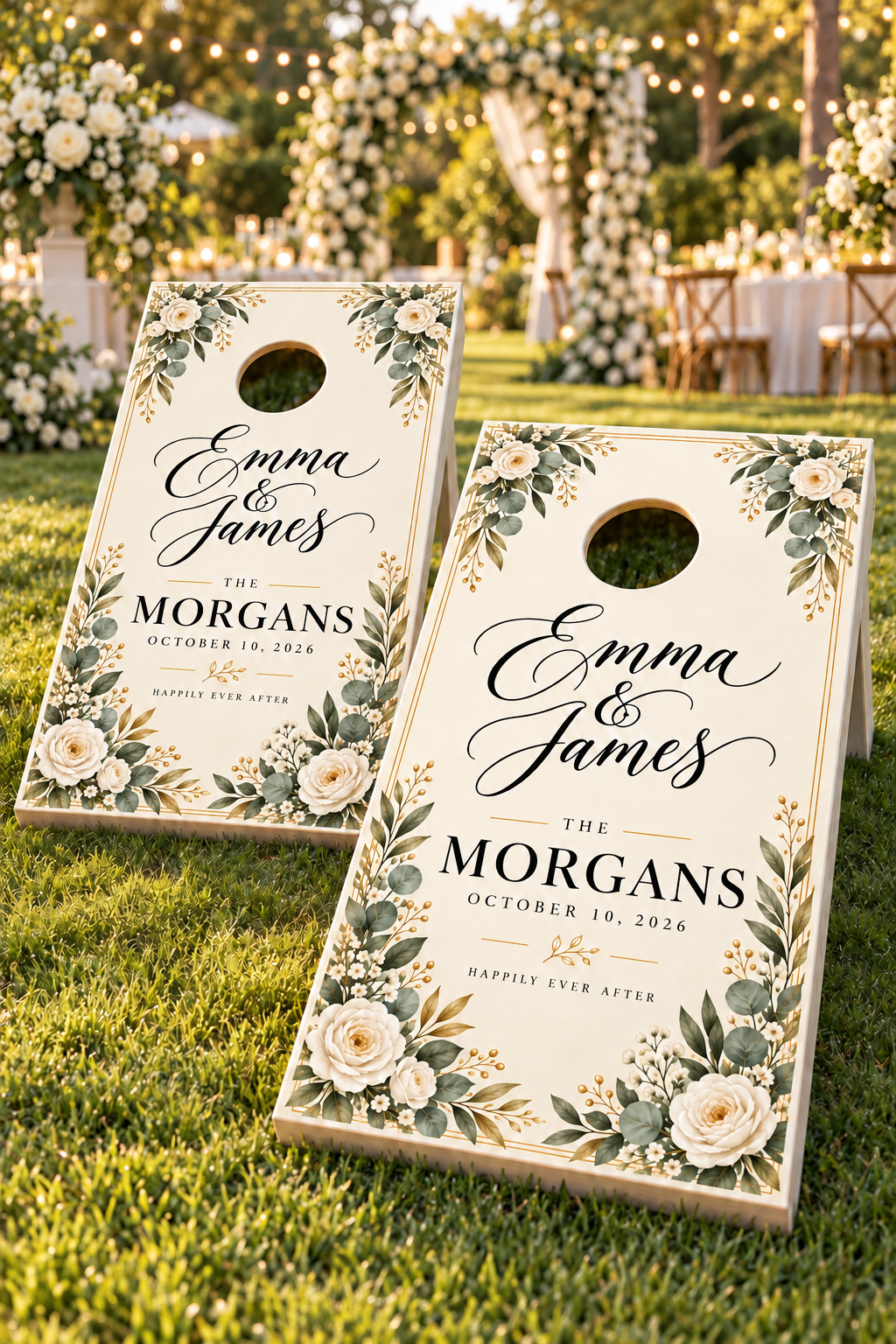 Two ivory and sage wedding wrap examples reading THE MORGANS on cornhole boards at a garden wedding; boards not included