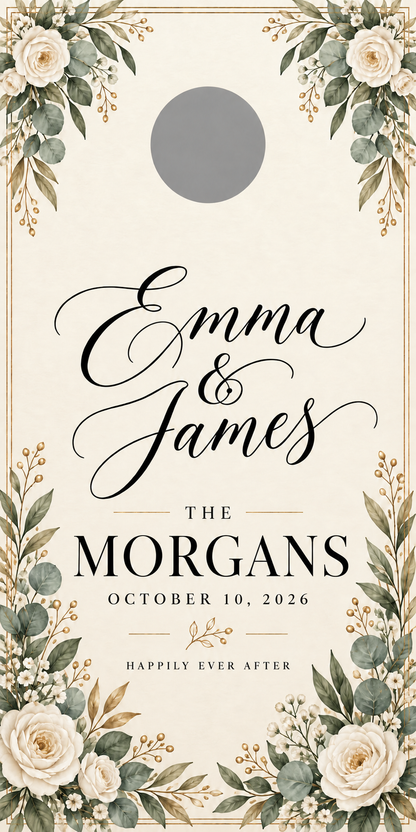 Personalized ivory and sage wedding wrap reading Emma and James, THE MORGANS, October 10, 2026, with gray hole-position proof marker