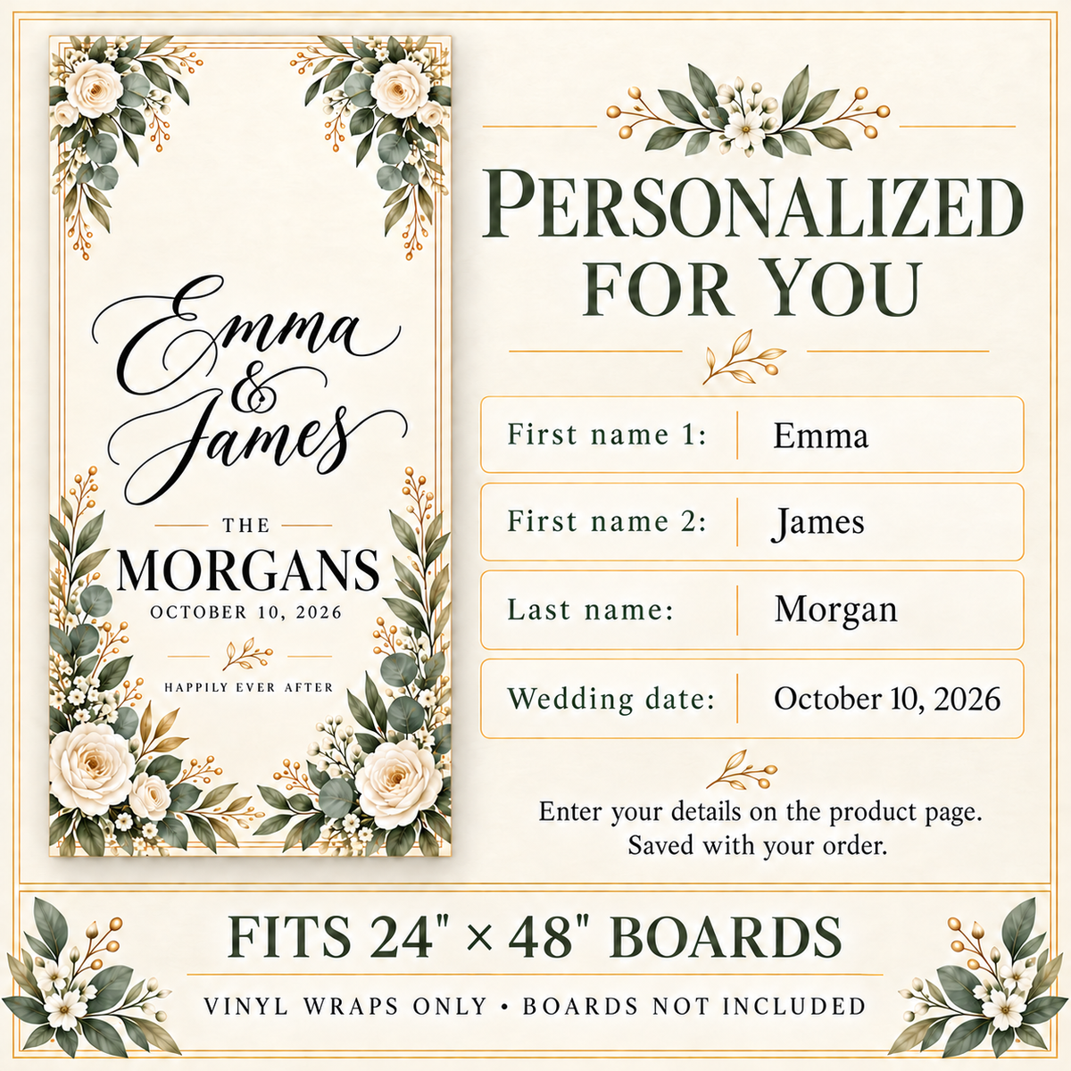 Wedding wrap showing THE MORGANS with personalization examples: Emma, James, singular surname Morgan, and October 10, 2026