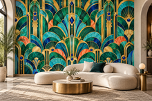 Emerald Art Deco Luxe Wall Mural shown installed in a styled living room