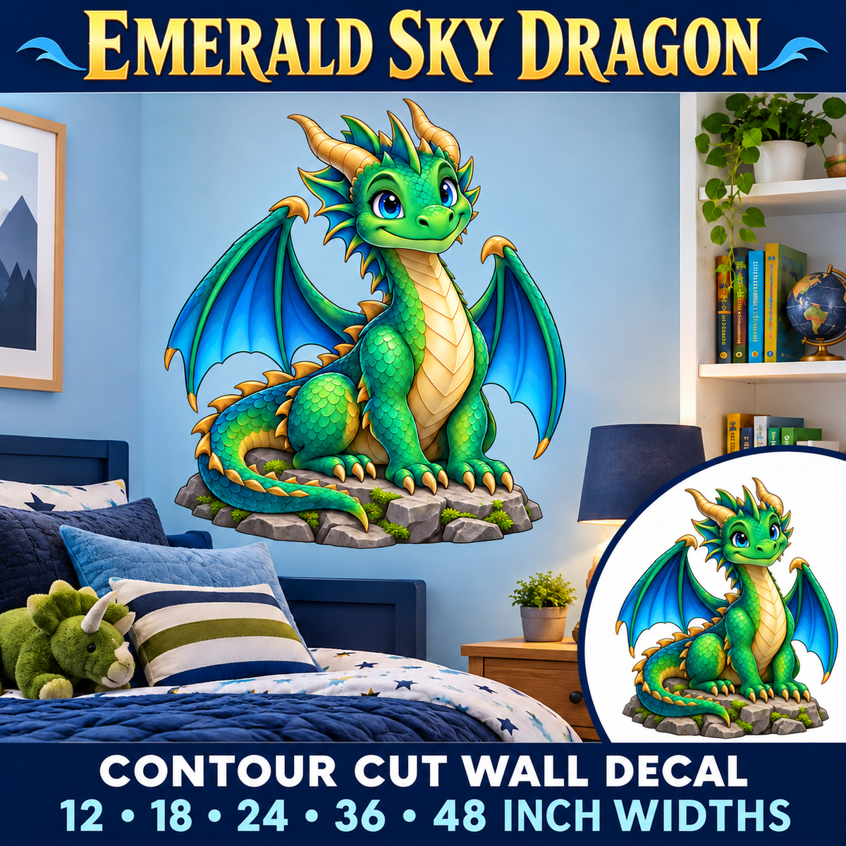 Emerald Sky Dragon – Boys Room Wall Decal summary and bedroom mockup – 12 to 48 inch widths