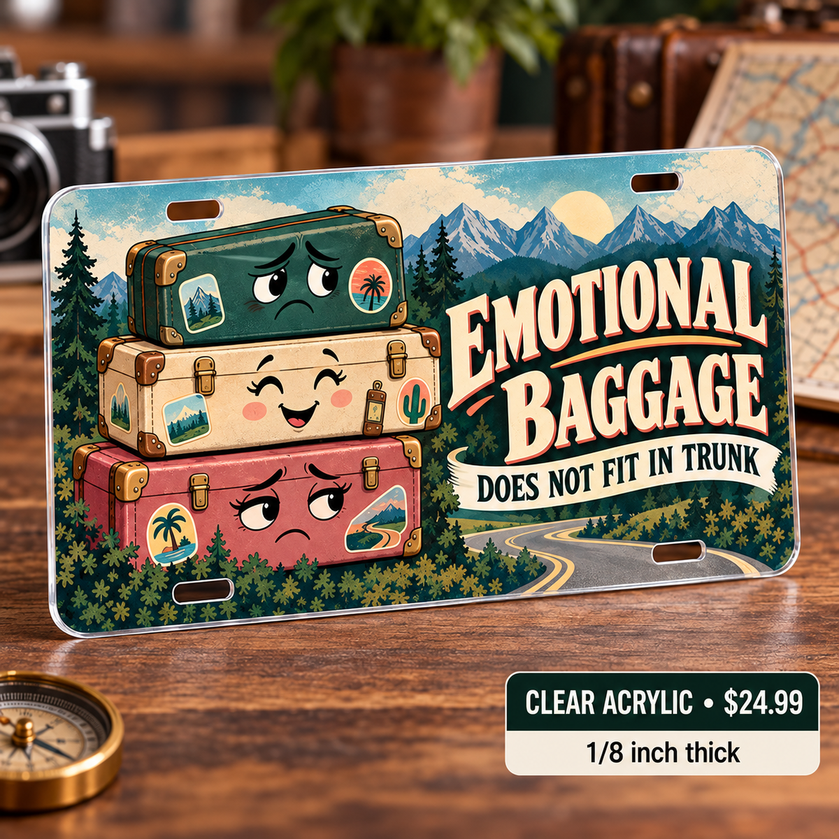 Emotional Baggage humorous license plate — one-eighth-inch reverse printed acrylic $24.99