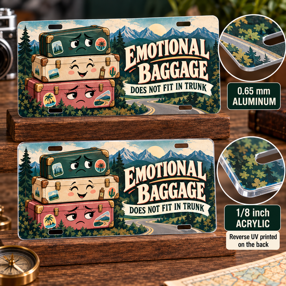 Emotional Baggage humorous license plate — acrylic edge and reverse UV printed graphic detail