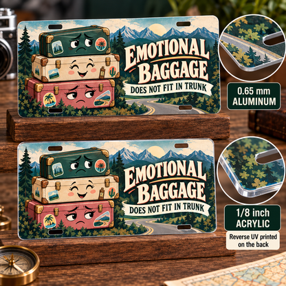 Emotional Baggage humorous license plate — acrylic edge and reverse UV printed graphic detail