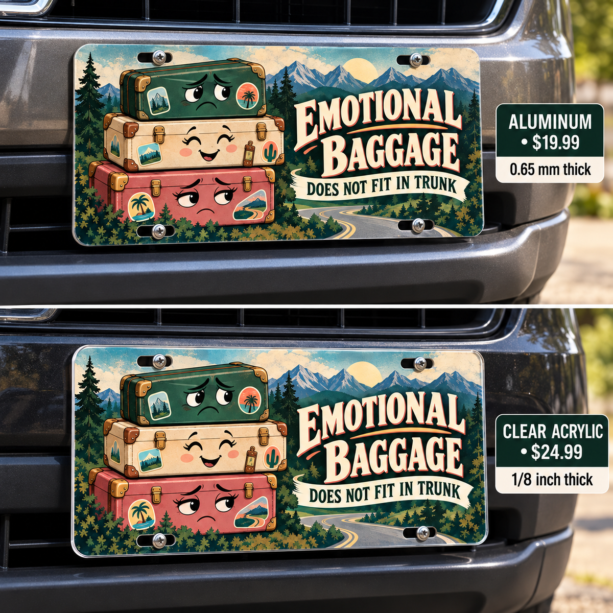 Emotional Baggage humorous license plate — aluminum and acrylic plates mounted on vehicles