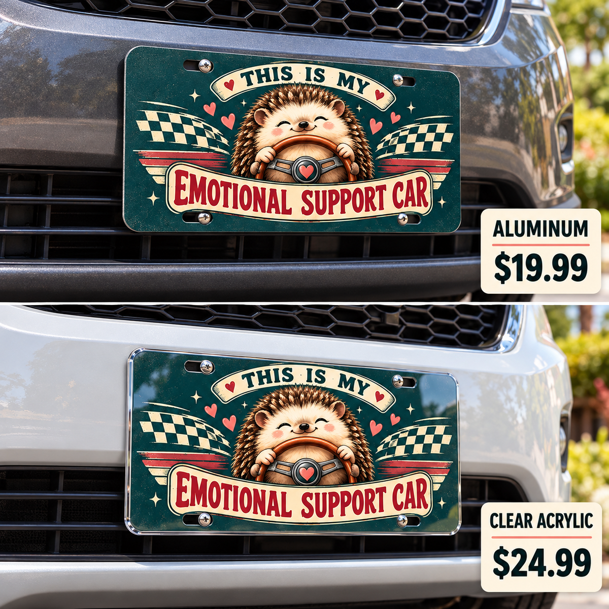 Emotional Support Car funny license plate — aluminum and acrylic plates mounted on vehicles