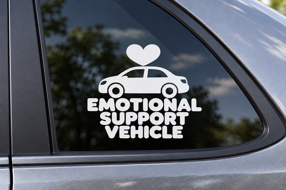 EMOTIONAL SUPPORT VEHICLE contour cut car window decal shown in white