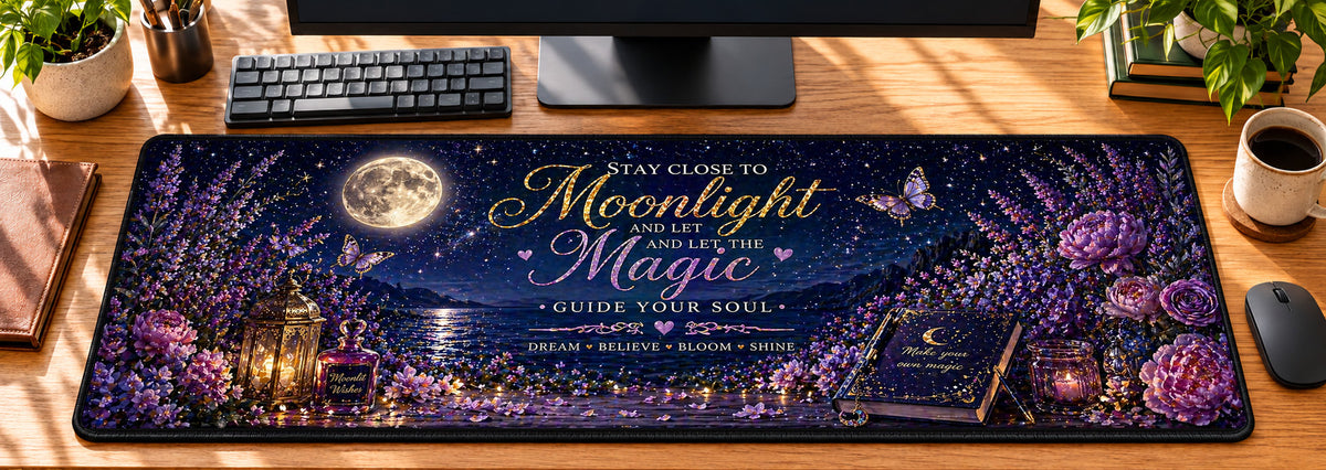 Enchanted Moonlit Floral Desk Mat in use on a warm wood office desk — overhead workspace view