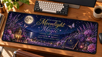 Enchanted Moonlit Floral Desk Mat in use on a warm wood office desk — angled workspace view