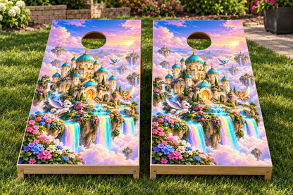 enchanted rainbow castle cornhole wrap installed-board mockup; boards not included