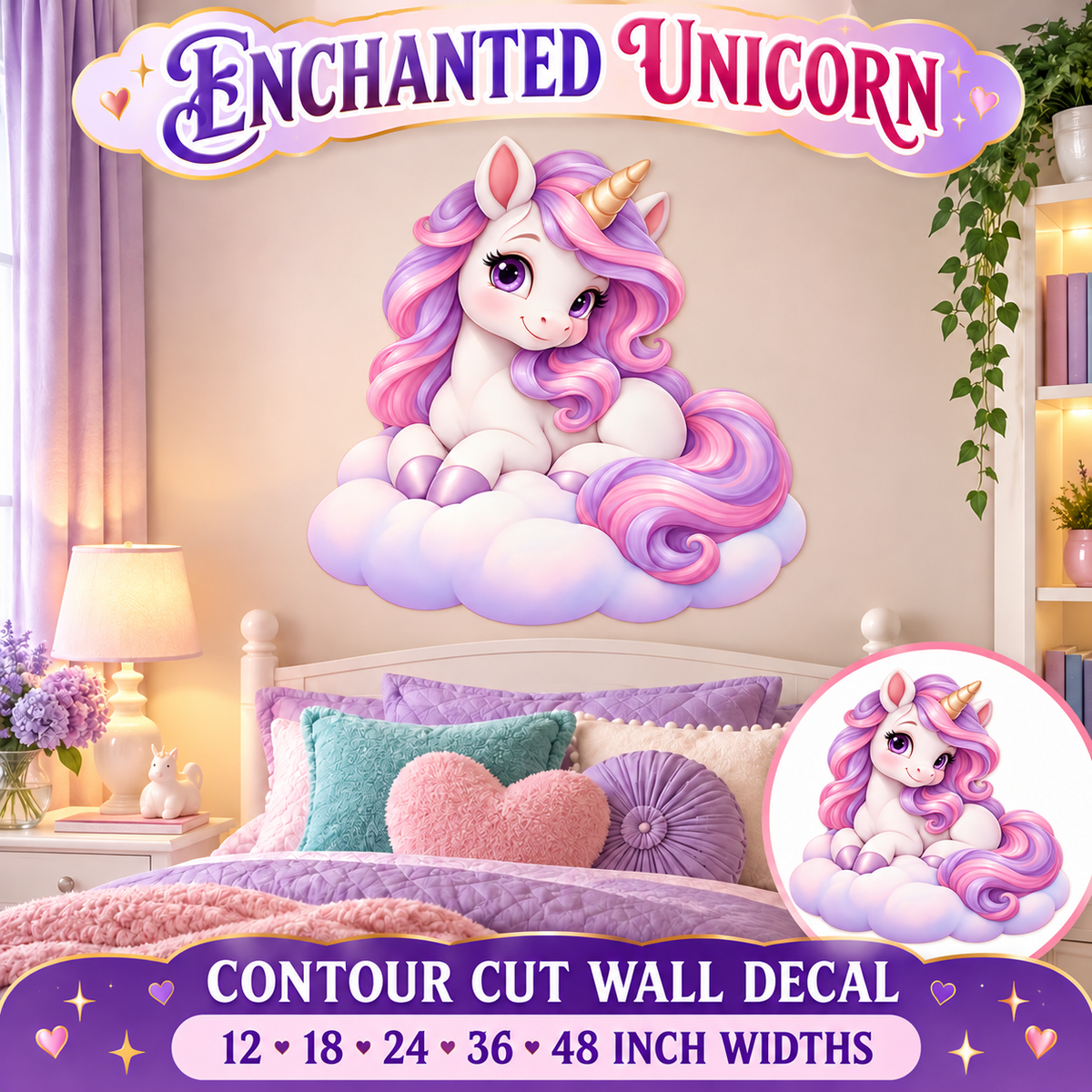 Enchanted Unicorn – Girls Room Wall Decal summary and bedroom mockup – 12 to 48 inch widths
