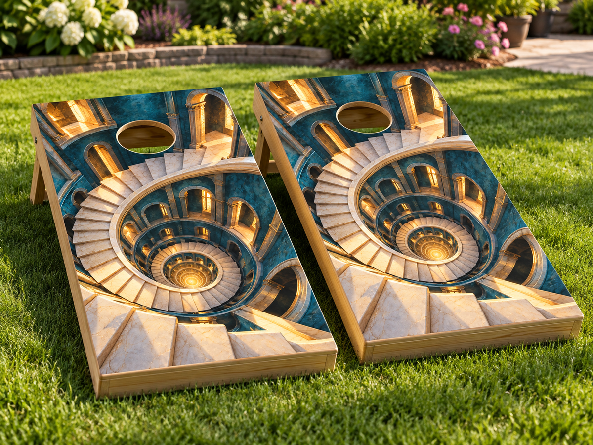Endless Spiral Staircase installed cornhole board mockup; boards not included