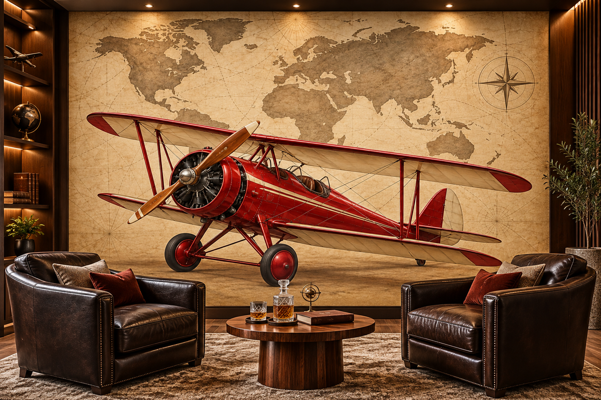 Crimson Barnstormer Antique Map wall mural — aviation lounge mockup