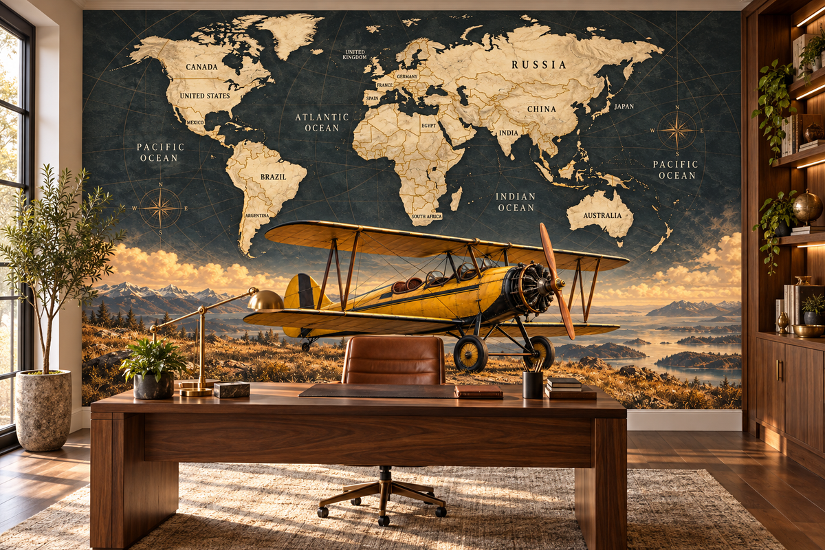 Golden Wings Labeled World Atlas — home office mockup