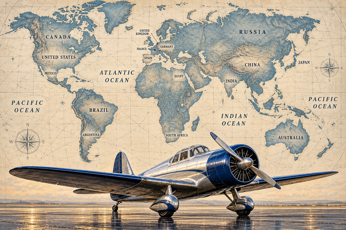 Sapphire Aviator Labeled World Atlas airplane mural with country and ocean names