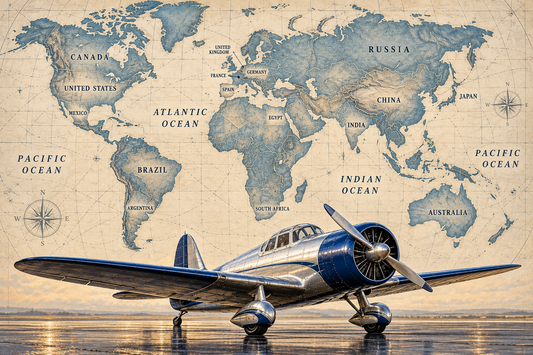 Sapphire Aviator Labeled World Atlas airplane mural with country and ocean names