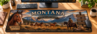 Montana Mountain Majesty desk mat in use on a sunlit oak office desk