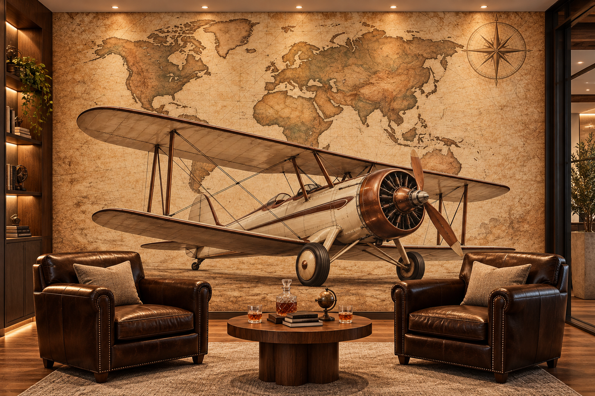 Antique Atlas Biplane wall mural — aviation lounge mockup
