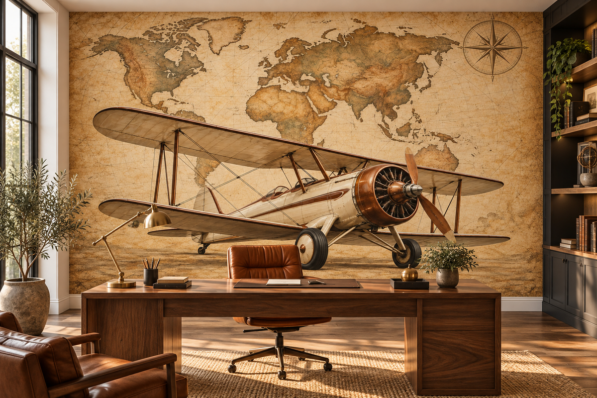 Antique Atlas Biplane wall mural — home office mockup