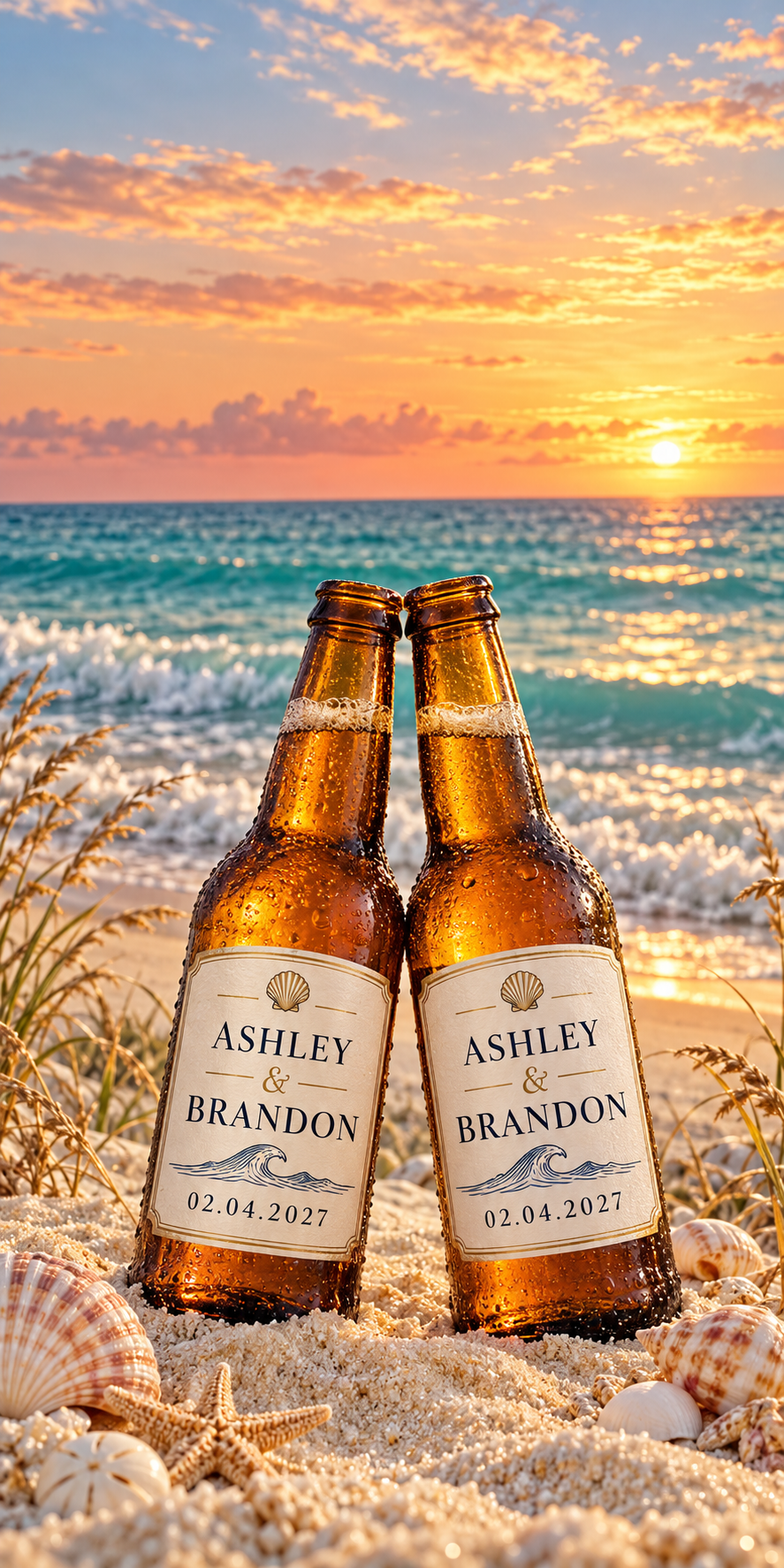 Customizable sunset beach beer bottle wrap artwork without hole; sample Ashley and Brandon names