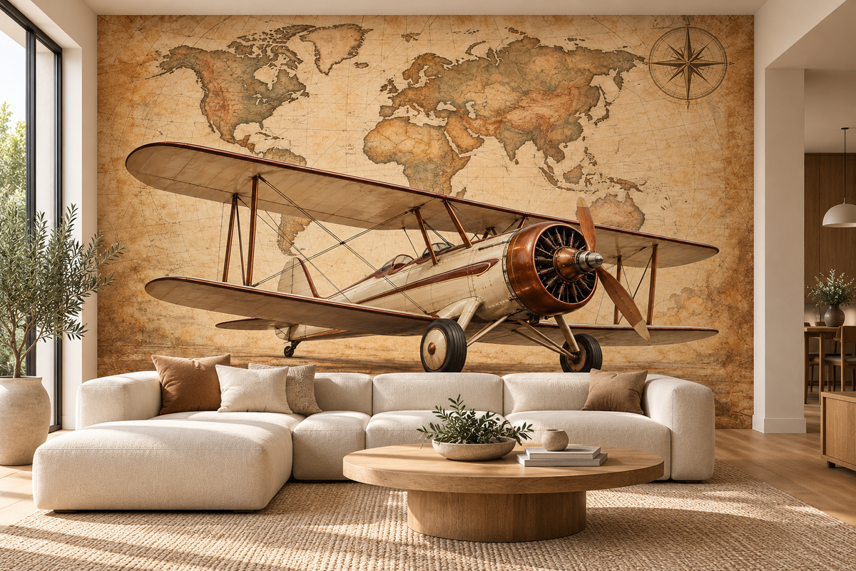 Antique Atlas Biplane wall mural — living room mockup