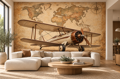 Antique Atlas Biplane wall mural — living room mockup
