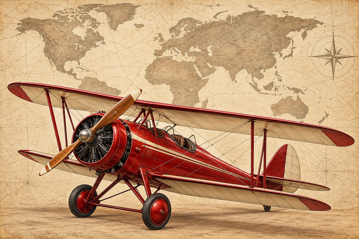 Crimson Barnstormer Antique Map airplane and decorative world map mural artwork