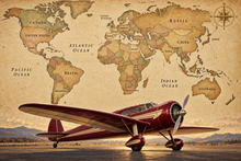 Burgundy Explorer Labeled World Map airplane mural with country and ocean names
