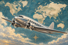 Silver Clipper Ocean Atlas airplane and decorative world map mural artwork