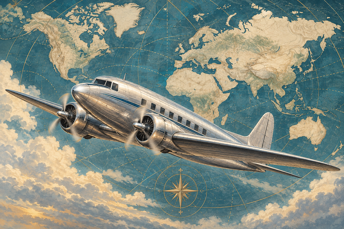 Silver Clipper Ocean Atlas airplane and decorative world map mural artwork