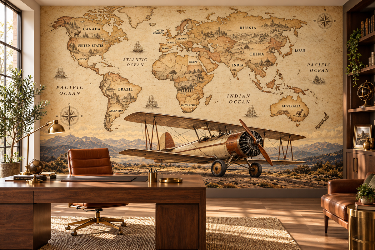 Heritage Biplane Labeled World Atlas — home office mockup