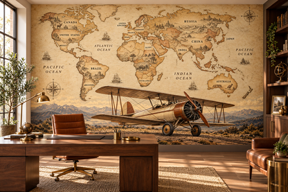 Heritage Biplane Labeled World Atlas — home office mockup