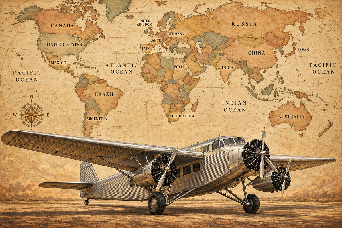 Silver Pioneer Tri-Motor airplane and labeled world map mural artwork