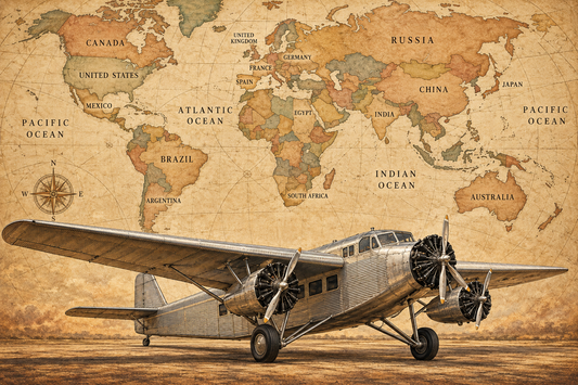 Silver Pioneer Tri-Motor airplane and labeled world map mural artwork