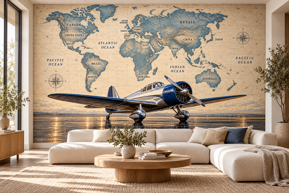Sapphire Aviator Labeled World Atlas — living room mockup