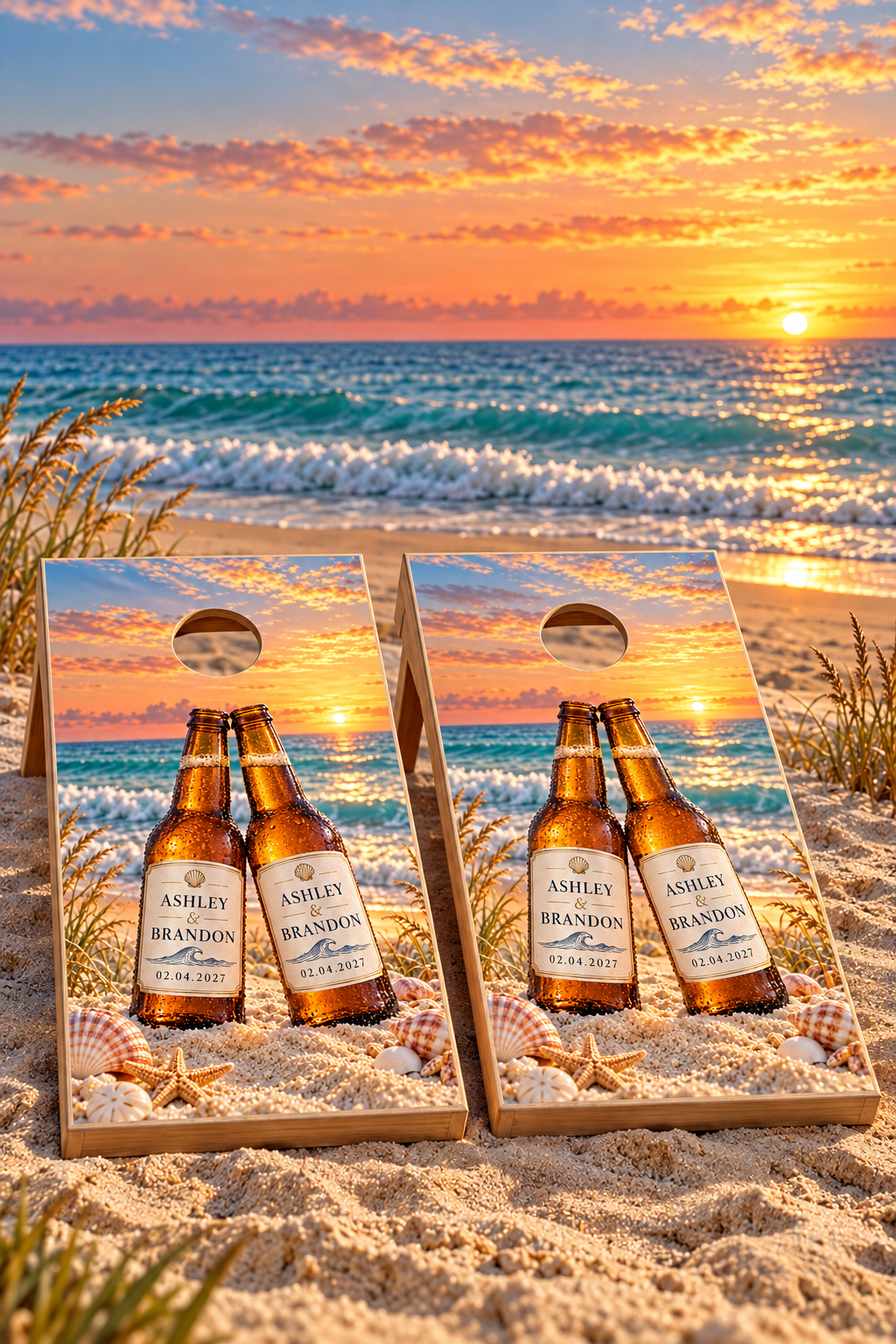 Two matching sunset beach beer bottle wraps on boards; boards not included