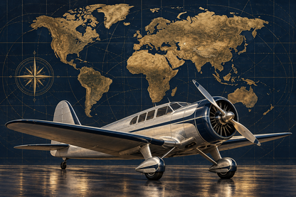 Midnight Aviator Brass Atlas airplane and decorative world map mural artwork