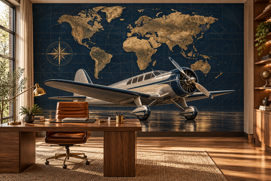 Midnight Aviator Brass Atlas wall mural — home office mockup